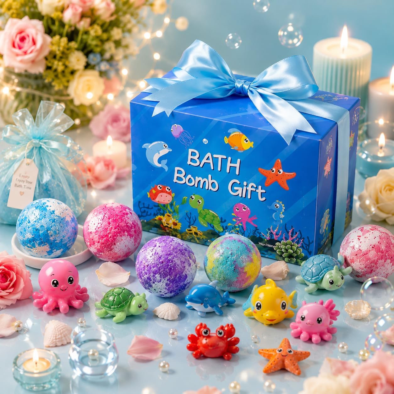 Bath Bombs Gift Set for Kids – 12 Colorful Ocean-Themed Fizzing Bath Bombs with Surprise Toy Inside | Moisturizing Foam for Soft Skin & Fun Bath Time Treats