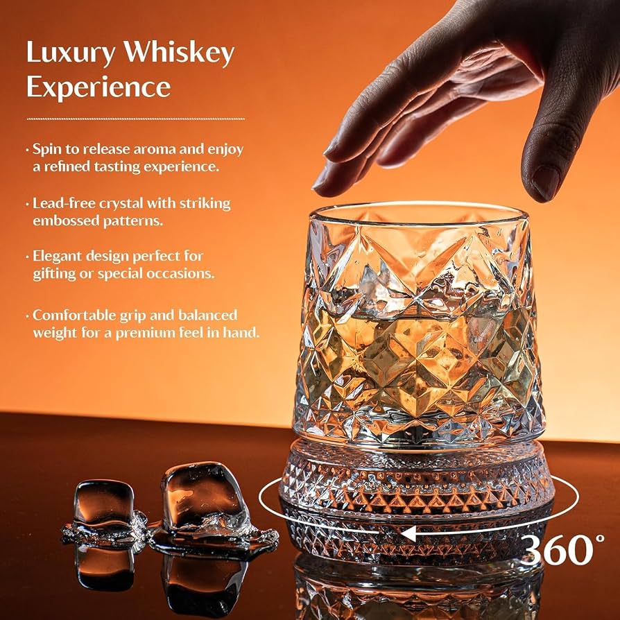 Luxury Rotating Whiskey Glass | Crystal Cut Spinning Whisky Glass with LED Light Coaster | Premium Barware Gift for Men & Whiskey Enthusiasts (Pack of 1)