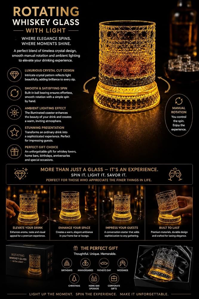 Luxury Rotating Whiskey Glass | Crystal Cut Spinning Whisky Glass with LED Light Coaster | Premium Barware Gift for Men & Whiskey Enthusiasts (Pack of 1)