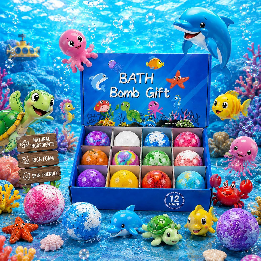 Bath Bombs Gift Set for Kids – 12 Colorful Ocean-Themed Fizzing Bath Bombs with Surprise Toy Inside | Moisturizing Foam for Soft Skin & Fun Bath Time Treats