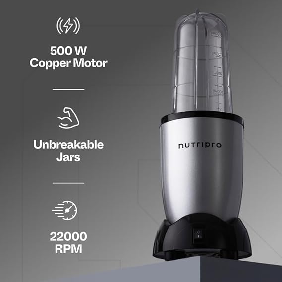 NutriPro Juicer Mixer Grinder - Smoothie Maker - 500 Watts (2 Jars & 1 Blade, Silver)