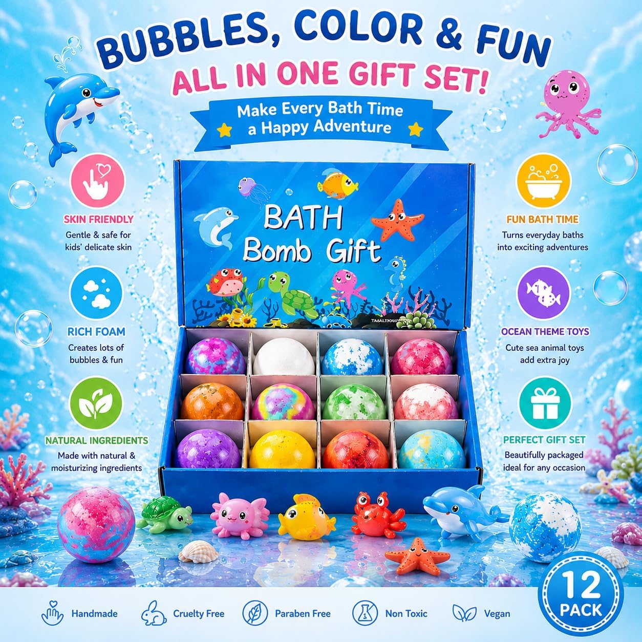 Bath Bombs Gift Set for Kids – 12 Colorful Ocean-Themed Fizzing Bath Bombs with Surprise Toy Inside | Moisturizing Foam for Soft Skin & Fun Bath Time Treats