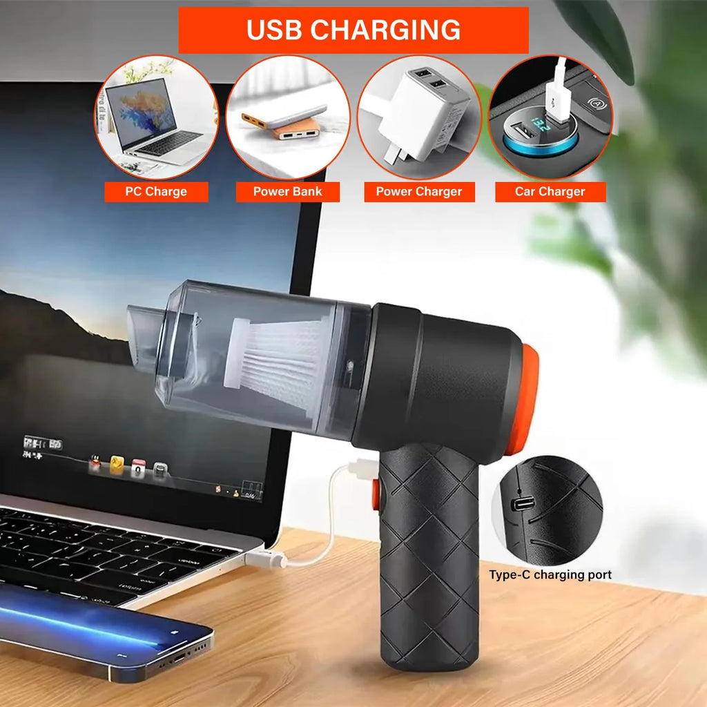 2-in-1 Portable Mini Vacuum Cleaner & Blower – Cordless Handheld Device for Car & Home | Black, Rechargeable with 3 Attachments for Wet & Dry Cleaning