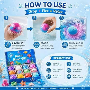 Bath Bombs Gift Set for Kids – 12 Colorful Ocean-Themed Fizzing Bath Bombs with Surprise Toy Inside | Moisturizing Foam for Soft Skin & Fun Bath Time Treats