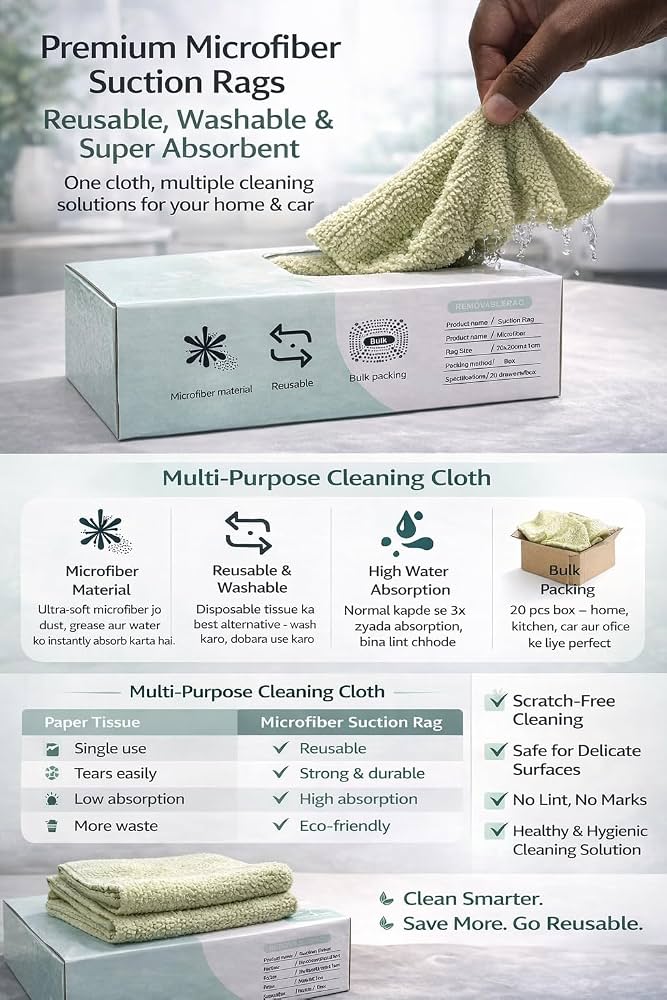 20PCS Disposable Microfiber Cleaning Cloths – Soft, Reusable Kitchen Towels in Tissue-Box Dispenser | Multi-Purpose Absorbent Rags for Household, Dishes, Hands & Surfaces