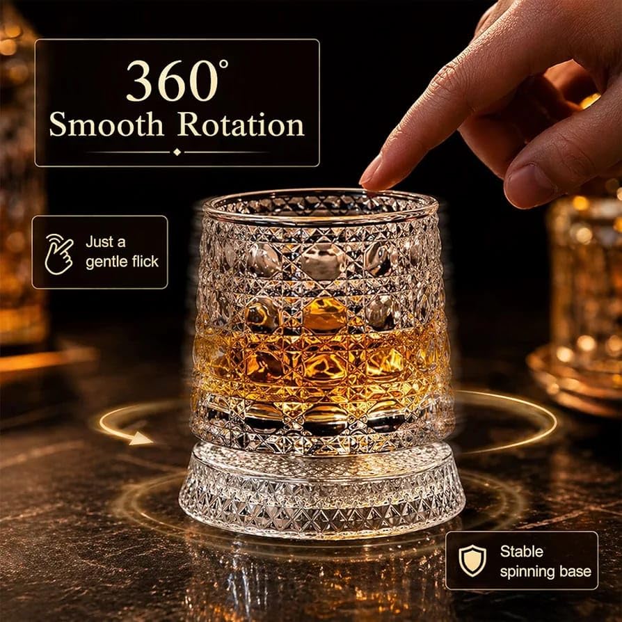 Luxury Rotating Whiskey Glass | Crystal Cut Spinning Whisky Glass with LED Light Coaster | Premium Barware Gift for Men & Whiskey Enthusiasts (Pack of 1)