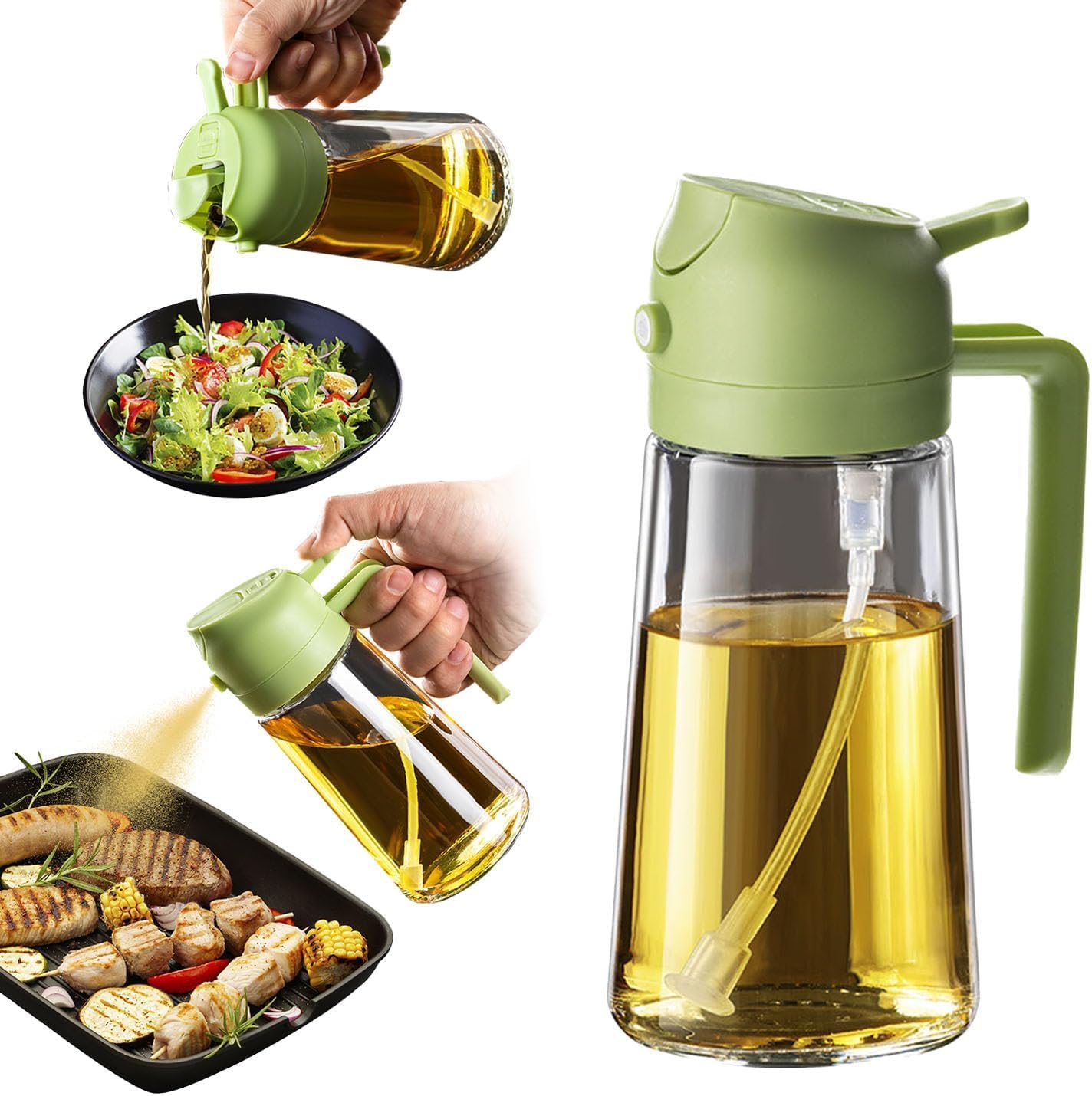 2-in-1 Oil Sprayer and Dispenser Bottle Glass Oil Spray Bottle for Kitchen, Air Fryer, Cooking, BBQ, Salad & Roasting (500ml)
